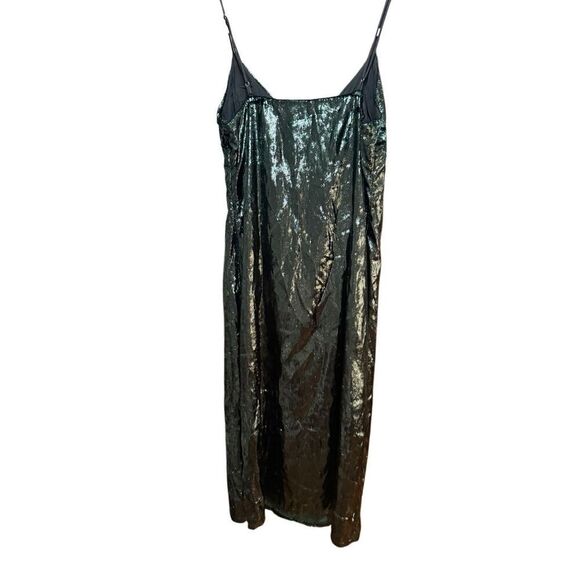 Line and Dot Soft Emerald Green Strappy Velvety Foil Midi Slip Dress Sz L - Picture 2 of 15